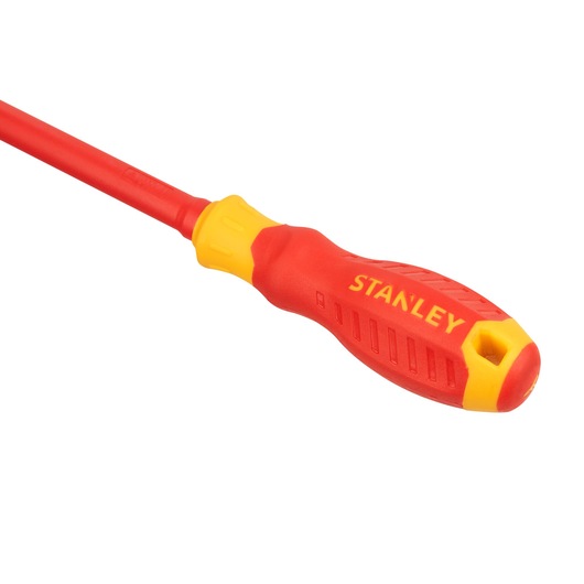 STANLEY STMT60167-LA insulated screwdriver, red and yellow handle, side angle on white background.