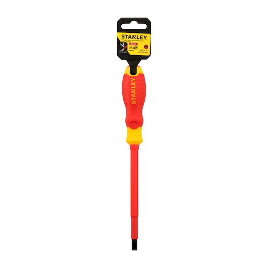 Stanley STMT60167-LA insulated flathead screwdriver, red and yellow handle, front angle, photography.
