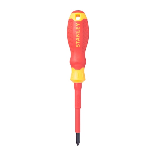 A Stanley insulated Phillips screwdriver with a red and yellow handle, designed for electrical work.