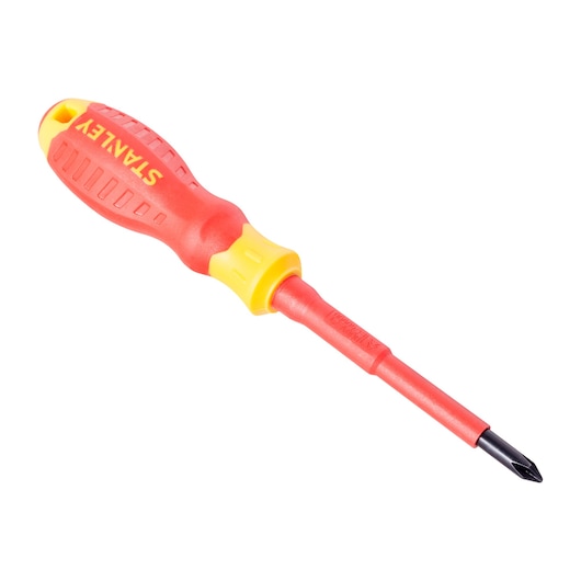 A red and yellow insulated Phillips screwdriver with a STANLEY branded handle.