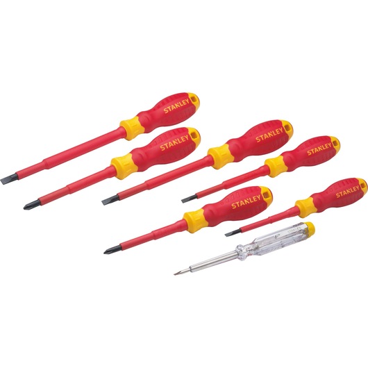 STANLEY STMT60175 screwdriver set with red and yellow insulated handles, flat and Phillips types, top view.
