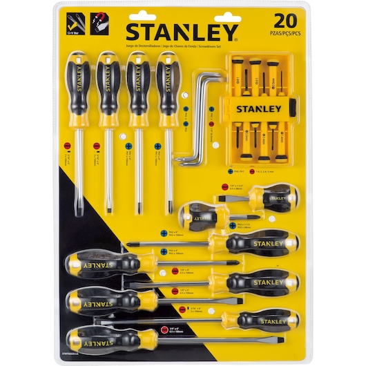 STANLEY STMT60220-LA screwdriver set, 20-piece, yellow and black handles, photography of front packaging.