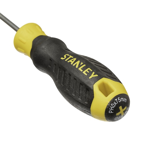 STANLEY STMT60800-840 Phillips screwdriver with black and yellow ergonomic handle, side angle on white background.