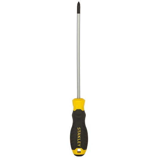 STANLEY STMT60806-840 Phillips screwdriver with black and yellow handle, front angle, on white background.