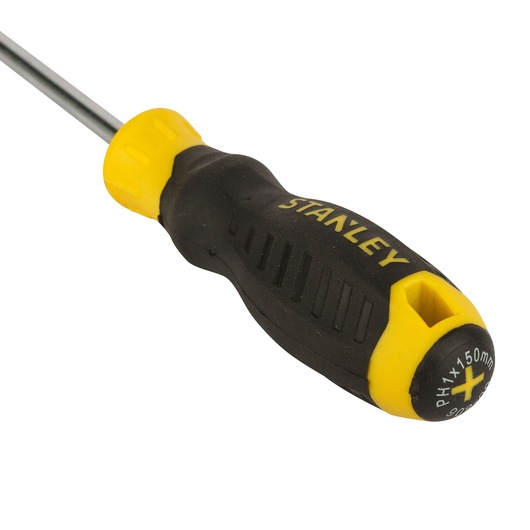 Stanley STMT60806-840 Phillips screwdriver, black and yellow handle, side angle, white background.