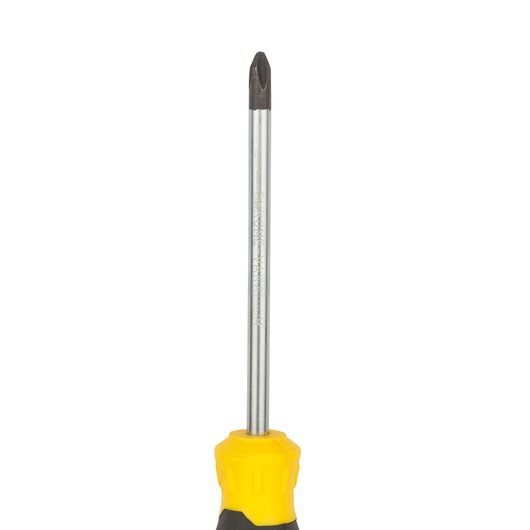 Photo of STANLEY STMT60809-840B Phillips screwdriver with yellow and black handle, front view on white background.