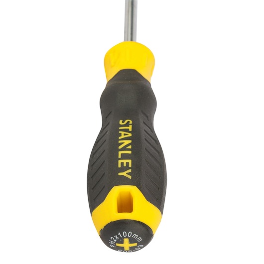 STANLEY STMT60809-840B Phillips screwdriver with black and yellow ergonomic handle, close-up of handle on white background.