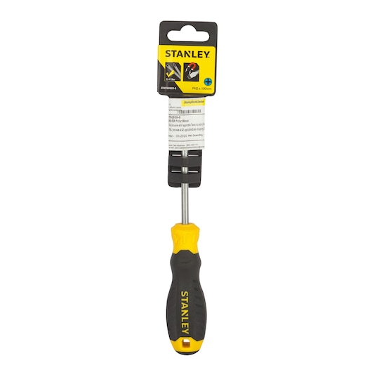 Photo of STANLEY STMT60809-840 Phillips screwdriver with black and yellow handle, front angle, on white background.