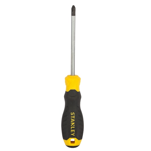 STANLEY STMT60809-8 Phillips screwdriver with black and yellow handle, front view, white background.