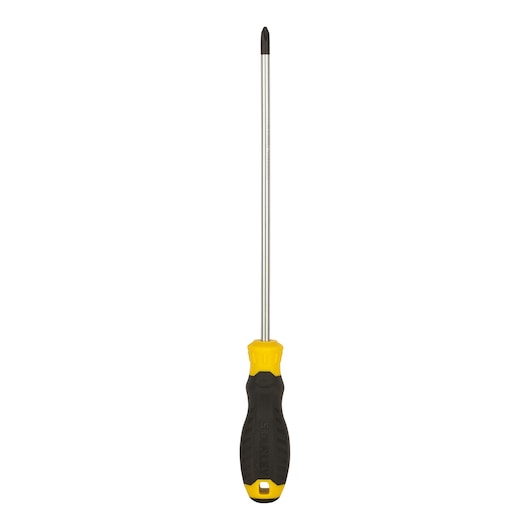 STANLEY STMT60812-8 Phillips screwdriver with black and yellow ergonomic handle, front angle on white background.