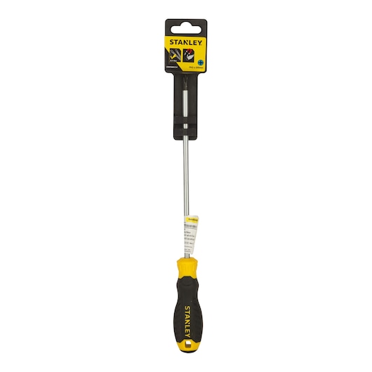 Stanley STMT60812-8 long Phillips screwdriver with black and yellow handle, front view on white background.