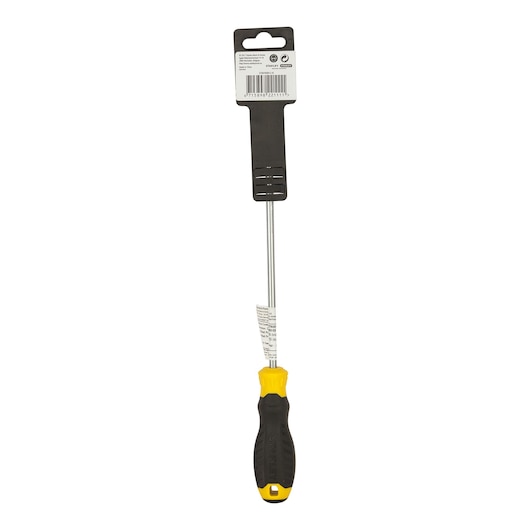 STANLEY STMT60812-8 long flathead screwdriver with black and yellow handle, frontal view, on white background.