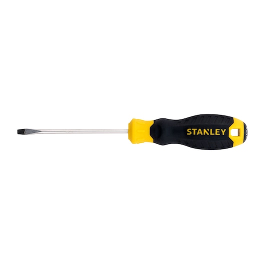 STANLEY STMT60817-840 flathead screwdriver with black and yellow handle, side angle on white background.