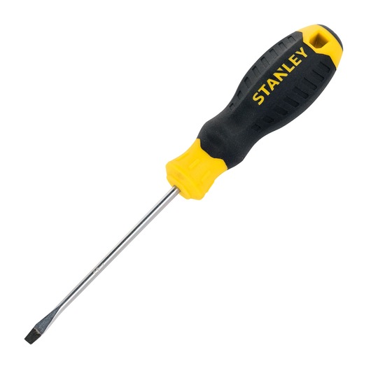 Stanley STMT60817-840 flathead screwdriver, black and yellow handle, front angle, photography.