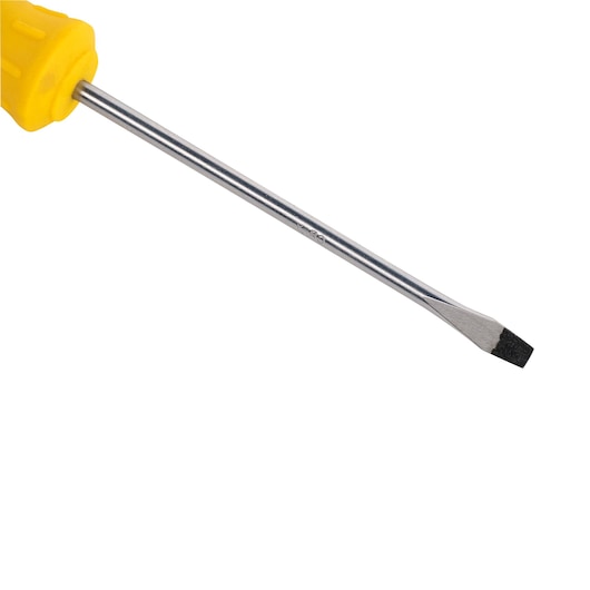 STANLEY STMT60817-840 flathead screwdriver with yellow handle, side angle on white background.
