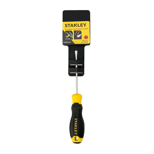 STANLEY STMT60817-840 flathead screwdriver with yellow and black handle, front view on white background.