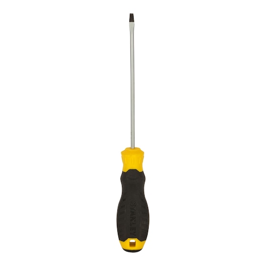 STANLEY STMT60818-8 slotted screwdriver with yellow and black handle, front angle, white background.