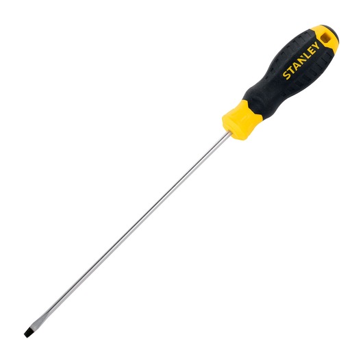 STANLEY STMT60820-840 flathead screwdriver with black and yellow handle, product angle on white background.