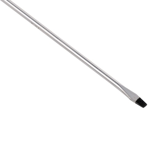STANLEY STMT60820-840 flathead screwdriver silver shaft side angle, single tool on white background.