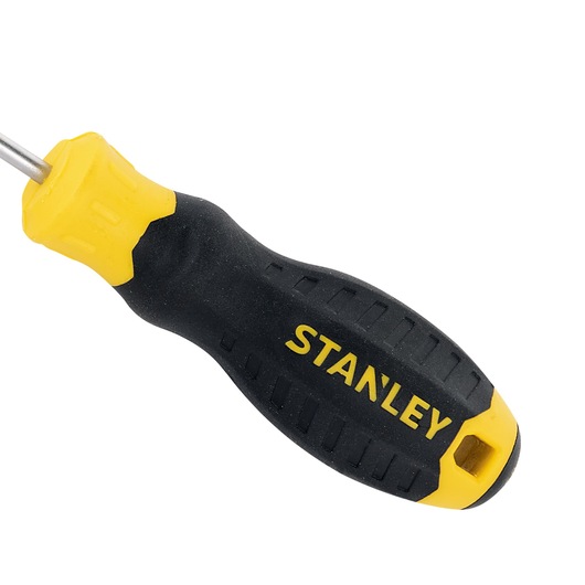 STANLEY STMT60820-840 screwdriver with black and yellow handle, side angle on white background.