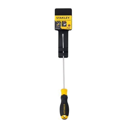 STANLEY STMT60820-840 flathead screwdriver with black and yellow handle, front view on white background.