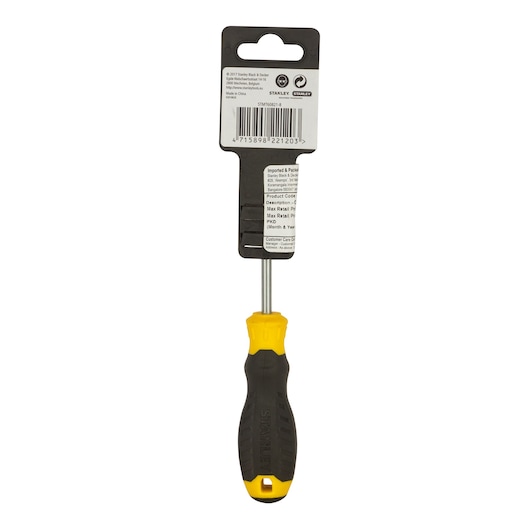 STANLEY STMT60821-840 screwdriver with black and yellow handle, photographed from the back on white background.