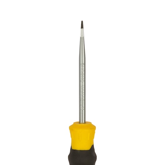 STANLEY STMT60821-840 precision screwdriver with yellow and black handle, front view on white background.