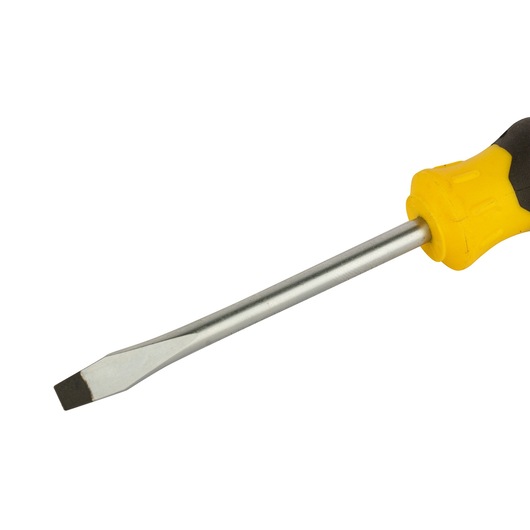 STANLEY STMT60821-840 slotted screwdriver with yellow and black handle, side angle on white background.