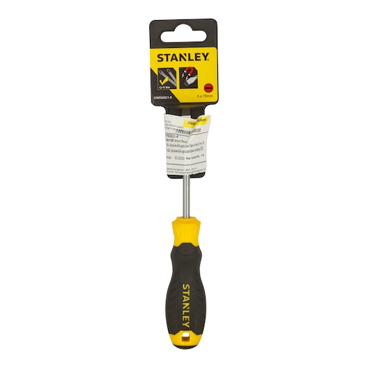 A Stanley brand flathead screwdriver with a black and yellow ergonomic handle and a product label attached to the shaft.