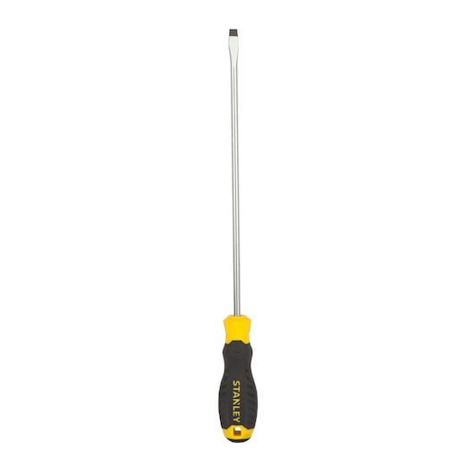 STANLEY STMT60824-8 flathead screwdriver with yellow and black ergonomic handle, front angle on white background.