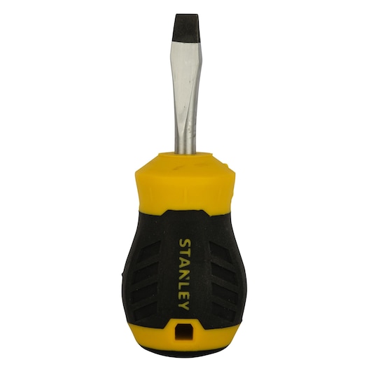 STANLEY STMT60825-8 stubby slotted screwdriver, yellow and black handle, front angle, photo on white background.