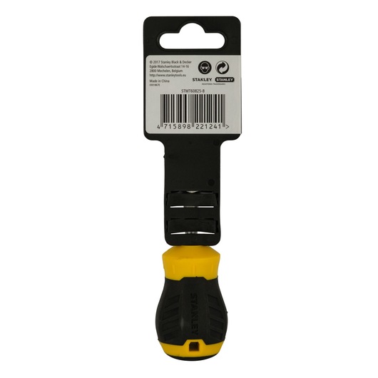STANLEY STMT60825-8 screwdriver with yellow and black handle, rear view, on white background.