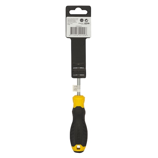 Stanley STMT60826-8 screwdriver with black and yellow handle, front angle, on white background.