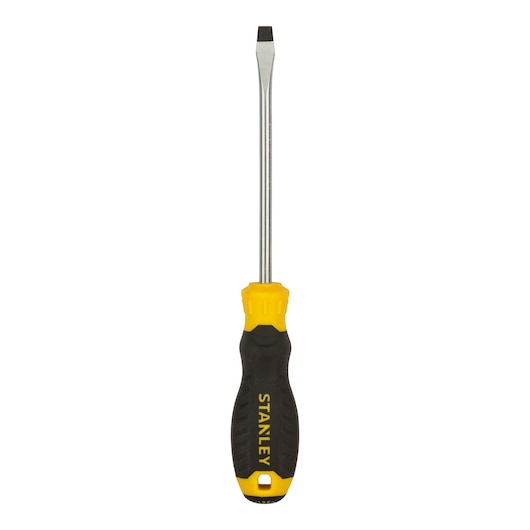 STANLEY STMT60827-8 flathead screwdriver, yellow and black handle, front angle, white background.