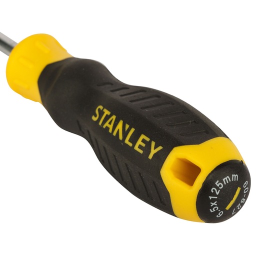 STANLEY STMT60827-8 screwdriver with black and yellow ergonomic handle, side angle, tool details visible.