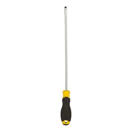 STANLEY STMT60830-8 flathead screwdriver with long steel shaft and black and yellow handle, front view, white background.