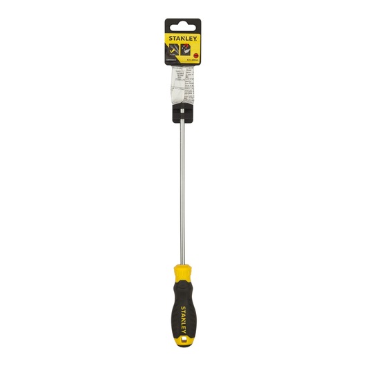 Stanley STMT60830-8 long metal screwdriver with black and yellow handle, front angle, white background.