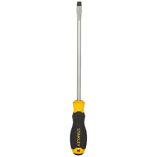Stanley STMT60832-8 flathead screwdriver, yellow and black handle, front angle on white background.