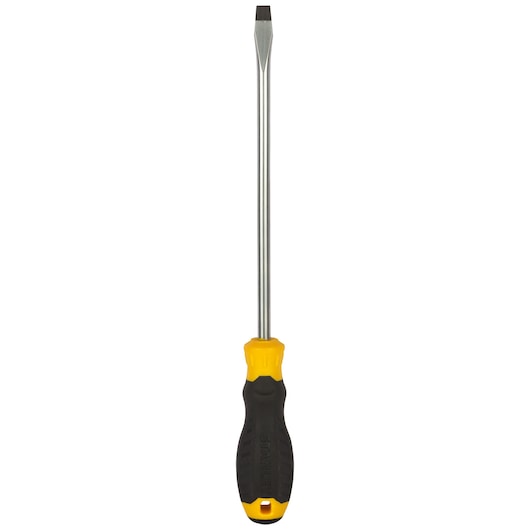 Stanley STMT60832-8 flathead screwdriver with black and yellow handle, front view.