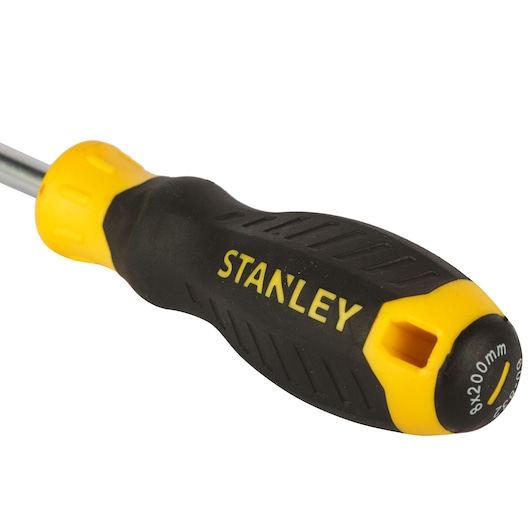 Stanley STMT60832-8 screwdriver with black and yellow ergonomic handle, close-up side angle.