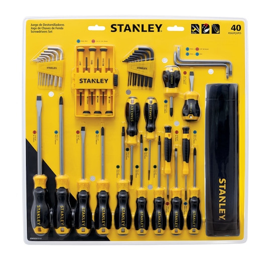 Stanley STMT65613-LA screwdriver set with 40 yellow and black tools in retail packaging, front angle.