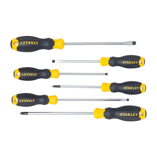 STANLEY STMT66672-840 screwdriver set with black and yellow handles, flat and Phillips tips, top view on white background.