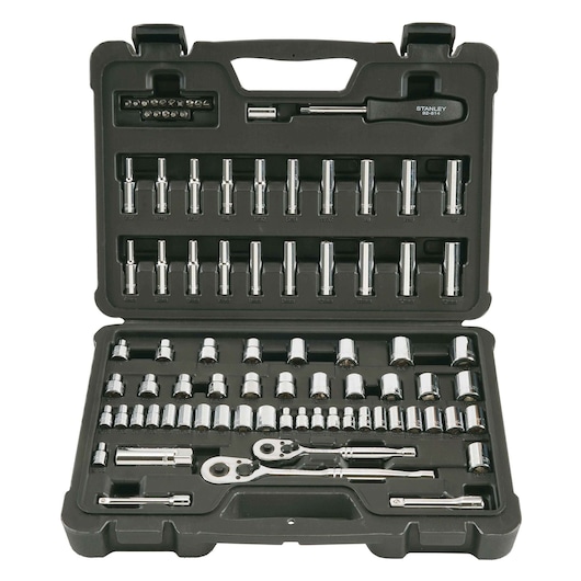 Stanley socket and ratchet set in black case, open front angle showing multiple chrome tools and accessories