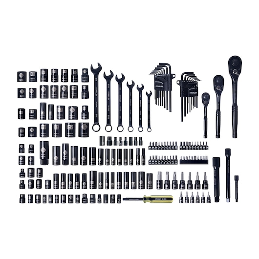 STANLEY STMT71662-LA mechanic tool set with black sockets, wrenches, ratchets, hex keys, and screwdriver bits, top-down view.