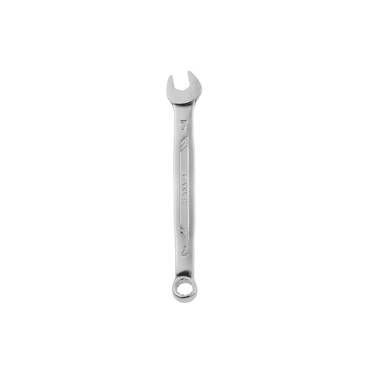 Photo of STANLEY STMT72804 combination wrench, silver metal, flat view, open and box end visible, white background.