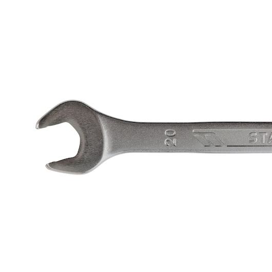 STANLEY STMT72817-8 open-end wrench, silver metal, size 20, product left angle on white background.