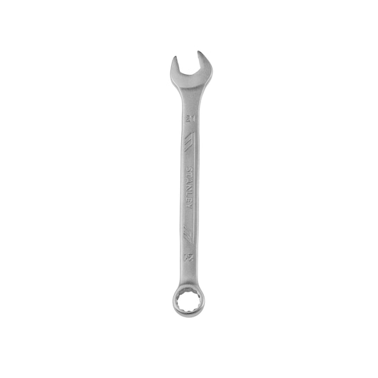 Photo of STANLEY STMT72818 combination wrench with open and box end, silver finish, front angle on white background.