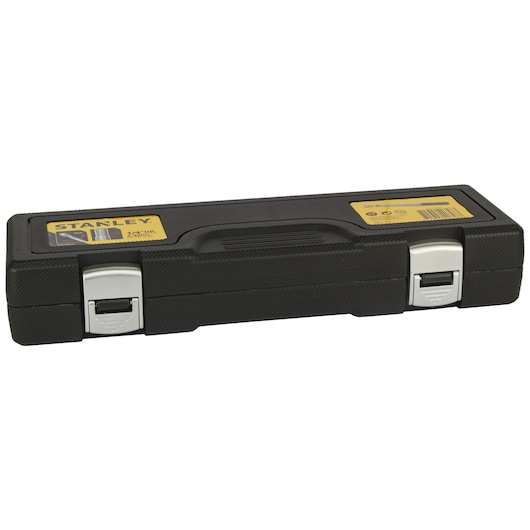 STANLEY STMT73587-8 hard plastic tool case with yellow label and two silver latches, front angle photo.