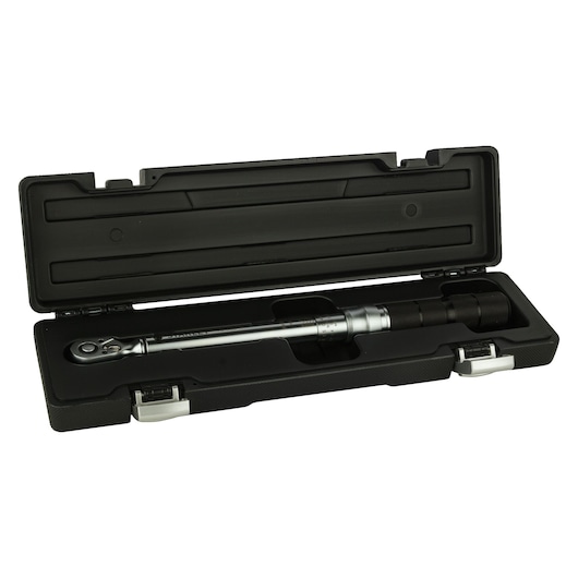 Stanley torque wrench in a black hard case, shown with the lid open and tool fitted inside.