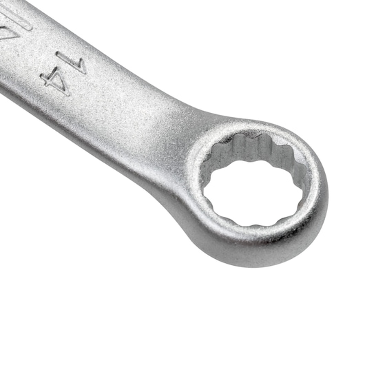 STANLEY STMT73647-LA box end wrench close-up, silver finish, 14mm marking, tool photography on white background.